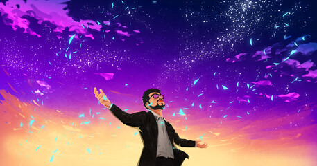 Male Businessman with Particles and beautiful night Sky Illustration 2 - 542494720