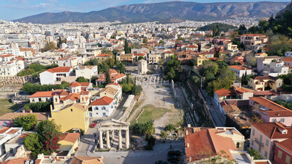 Fototapeta na wymiar Aerial drone photo of iconic ancient Roman forum in the heart of historic Plaka, Athens, Attica, Greece