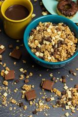 Chocolate granola cereals with chocolate milk and doughnuts