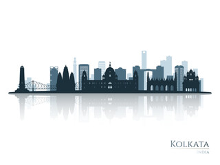 Kolkata skyline silhouette with reflection. Landscape Kolkata, India. Vector illustration.