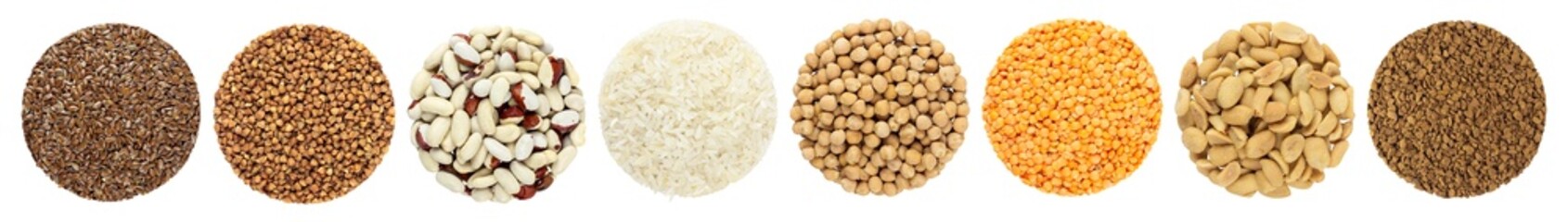 pile of beans, coffee, chickpeas, buckwheat, rice, peanuts, lentils and round flax seeds