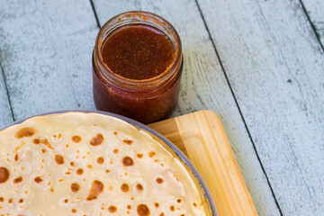 Homemade pancakes with a jam of a fig