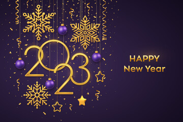 Fototapeta na wymiar Happy New 2023 Year. Hanging Golden metallic numbers 2023 with shining snowflakes, 3D metallic stars, balls and confetti on purple background. New Year greeting card or banner template. Vector.