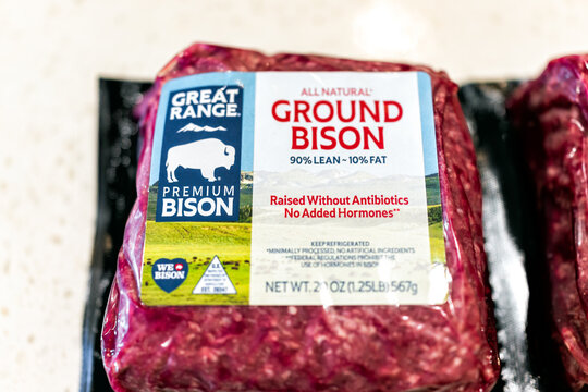 Naples, USA - April 29, 2022: Macro closeup of fresh red raw uncooked packaged ground bison meat from Great Range brand company grass-fed raised without antibiotics and no added hormones
