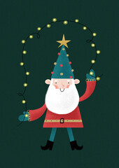 Greeting card for Christmas. Postcard with funny Santa Claus. Merry Christmas poster.