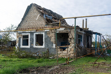 War in Ukraine. 2022 Russian invasion of Ukraine. Countryside. House destroyed by shelling. Destruction of infrastructure. Terror of the civilian population. War crimes