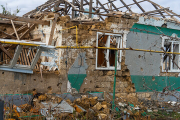 War in Ukraine. 2022 Russian invasion of Ukraine. Countryside. House destroyed by shelling....