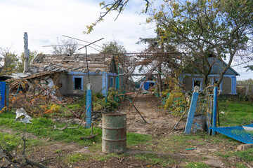 War in Ukraine. 2022 Russian invasion of Ukraine. Countryside. House destroyed by shelling....