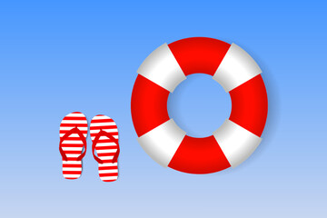 Striped Flip-Flops and lifebuoy. Vector illustration. Summer travel concept - 542497729