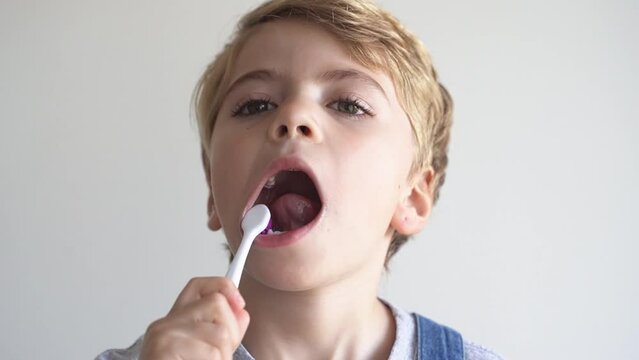 Cute child brush teeth toothbrush, widely opening mouth over grey background. Studio shot. Dental hygiene, morning routine, lifestyle, tooth care, children health.