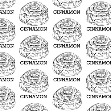 Seamless pattern. Bun with cinnamon. Freshly baked sweet cake. Baked pastry item. Sketch vector illustration on white background.