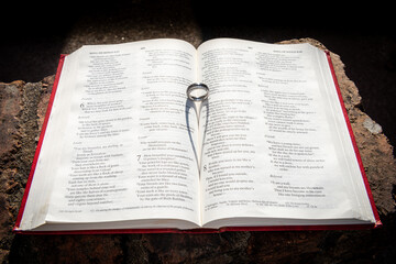 A wedding ring forming a heart shadow in a bible