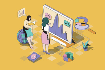 Data analysis web concept in 3d isometric design. Women making statistic analyzing on screen with charts and diagrams of sales and financial report. Vector web illustration with people isometry scene - obrazy, fototapety, plakaty