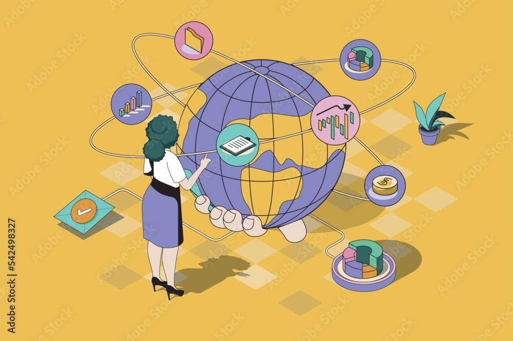 Aufkleber global business web concept in 3d isometric design. woman works and develops international company, 