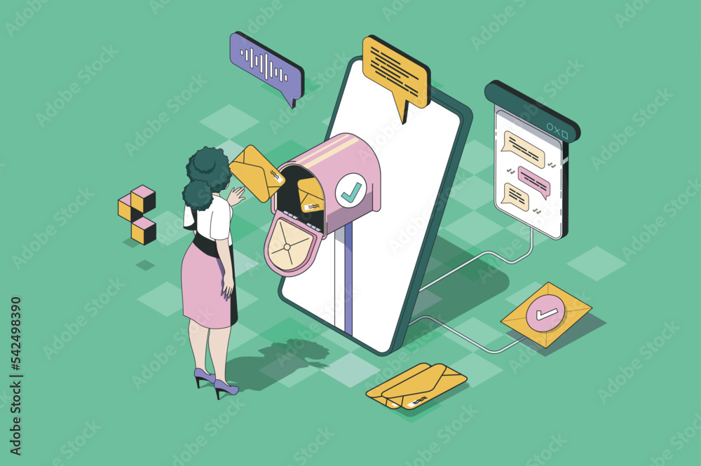 Poster Messaging service web concept in 3d isometric design. Woman receives and sends envelopes and emails, chats and communicates online using application. Vector web illustration with people isometry scene