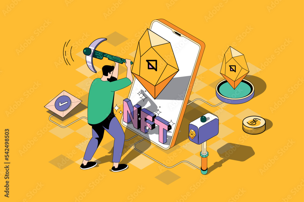 Leinwandbilder nft token web concept in 3d isometric design. man investing in digital collectible artwork with non 