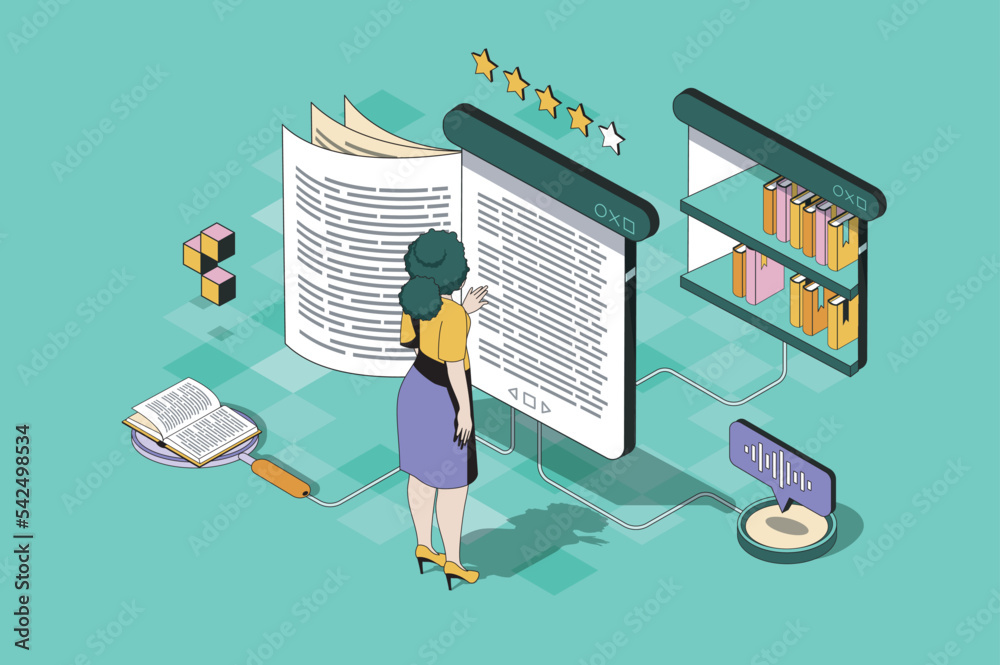 Poster Online reading web concept in 3d isometric design. Woman reading e-book from mobile app, using virtual library and buying at internet bookstore. Vector web illustration with people isometry scene