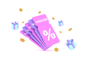 discount coupon with percentage sign with coins and gift box. Voucher card cash back.