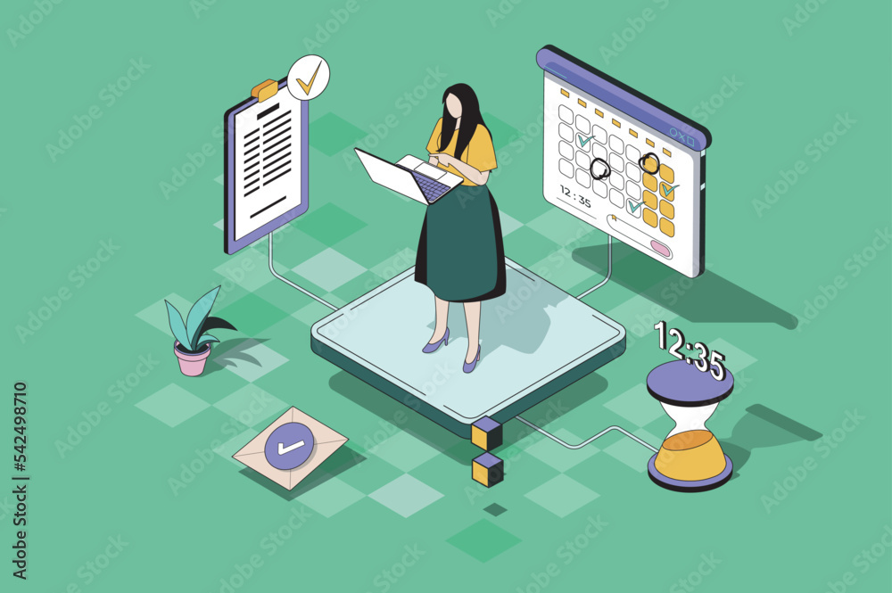 Poster time management web concept in 3d isometric design. woman planning work tasks and daily activities u