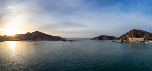 Fototapeta premium Panoramic View of Port and Mountain Landscape on the Mediterranean Coast. Cartagena, Spain.