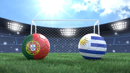 Two soccer balls in flags colors on stadium bright blurred background. Portugal and Uruguay. 3d image