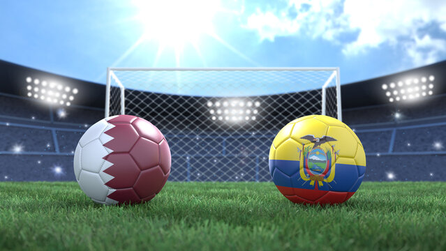 Two soccer balls in flags colors on stadium bright blurred background. Qatar and Ecuador. 3d image