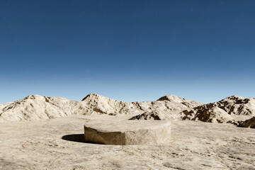 Abstact 3d render summer scene and Natural podium background, Stone podium on dry ground with mountain blackdrop clear sky for product display advertising cosmetic beauty products, skincare or etc