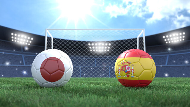 Two soccer balls in flags colors on stadium bright blurred background. Japan and Spain. 3d image