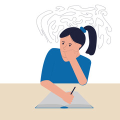 Anxiety and stress. The girl writes disturbing thoughts in her diary. Psychotherapy. Flat style. Vector