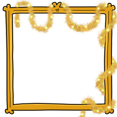 Cartoon inspired illustration hand drawn winter scene holiday lighted golden yellow garland frame vector element design