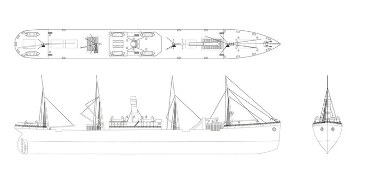 Outline steamer drawing. Contour steamship industrial blueprint. Old ship view: top, side and front. Isolated steamboat. Industry vehicle