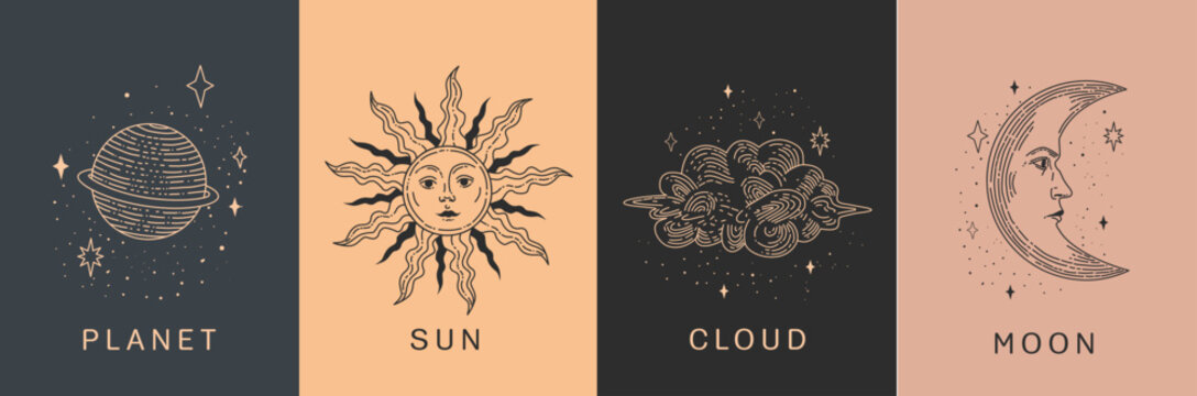 Set of linear vector illustrations. Hand drawn celestial illustrations featuring sun, moon, planet, clouds. design elements for decoration in a modern style. Drawings for social media posts, stories.