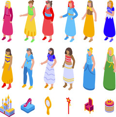 Fototapeta premium Princess icons set isometric vector. Crown girl. Tiara ballet