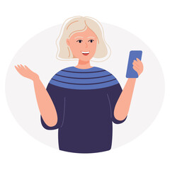 Happy blonde woman uses smartphone. Greeting and talking to smb during online video call. Smiling person with smartphone saying hi. Flat graphic vector illustration isolated on white background