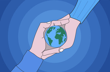 World Environment Day is a simple vector web banner, a poster with an image of the earth in your hands.  Minimalistic banner