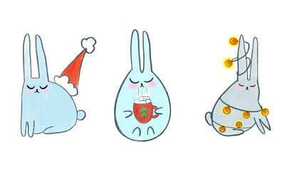 Vector Happy New Year 2023, group of cute white funny rabbit heads set, bunny character collection, cute wildlife animal cartoon drawing vector