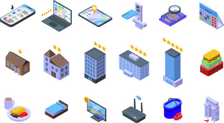 Find hotel icons set isometric vector. Online reservation. Travel book