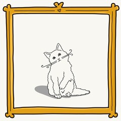 Cartoon inspired pet portrait illustration hand drawn long hair white cat design with head tilt whiskers and shadow within golden yellow frame