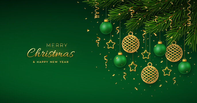 Christmas background with hanging shining golden and green balls, gold metallic stars, confetti, pine branches. Merry christmas greeting card. Holiday Xmas and New Year poster, cover, banner. Vector.