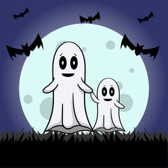 Cute ghost with big ghost and bats for Halloween background