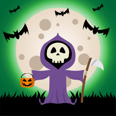 Grim reaper with pumpkin, full moon and bats