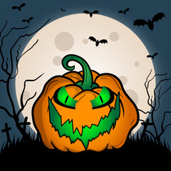 Scary pumpkin with full moon and bats