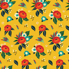 Seamless floral pattern, summer ditsy print in modern folk style. Pretty flower design with decorative bouquets of red flower blossom, small flowers, leaves on a yellow background. Vector illustration