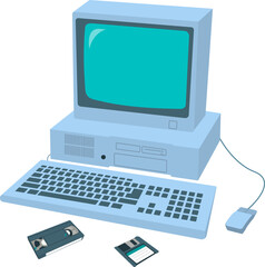 Vintage retro computer monitorwith a floppy disk and videotape lying nearby . Y2K concept . Vector illustration