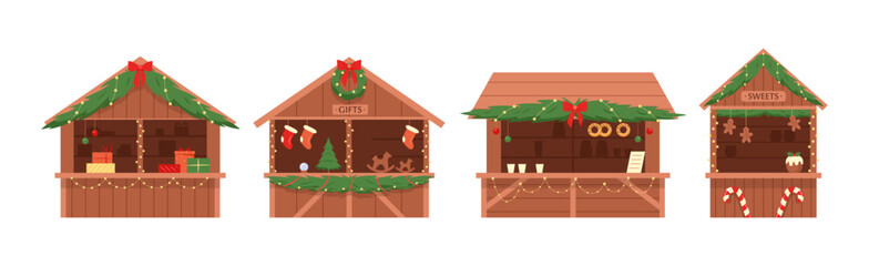Christmas Market. Vector set of outdoor festival stand and wooden kiosk with drinks, food, sweets, toys and gifts. Winter holiday fairs decorated fir-tree branches, garlands. Traditional marketplace