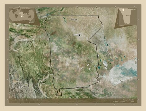 Omusati, Namibia. High-res satellite. Labelled points of cities
