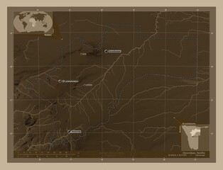 Otjozondjupa, Namibia. Sepia. Labelled points of cities