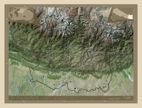 East, Nepal. High-res satellite. Labelled points of cities