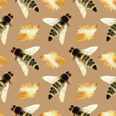 Watercolor seamless hand drawn pattern  bee with the gold flowers. Design for textile, clothes,  fabric, cards, banners, icons, posters, digital paper.