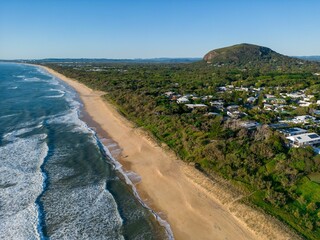 Aerial shot of  Yaroomba beach and Mt Coolum on the Sunshine Coast Queensland